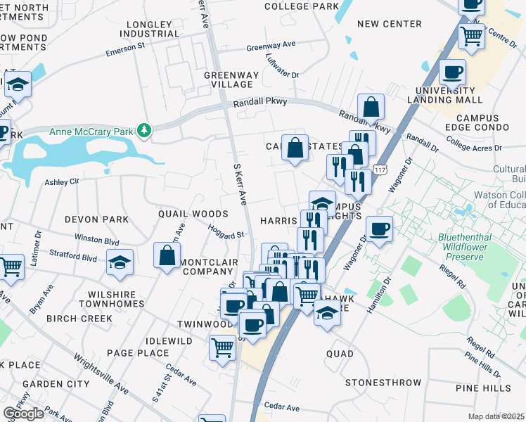 map of restaurants, bars, coffee shops, grocery stores, and more near 4522 Kimberly Way in Wilmington