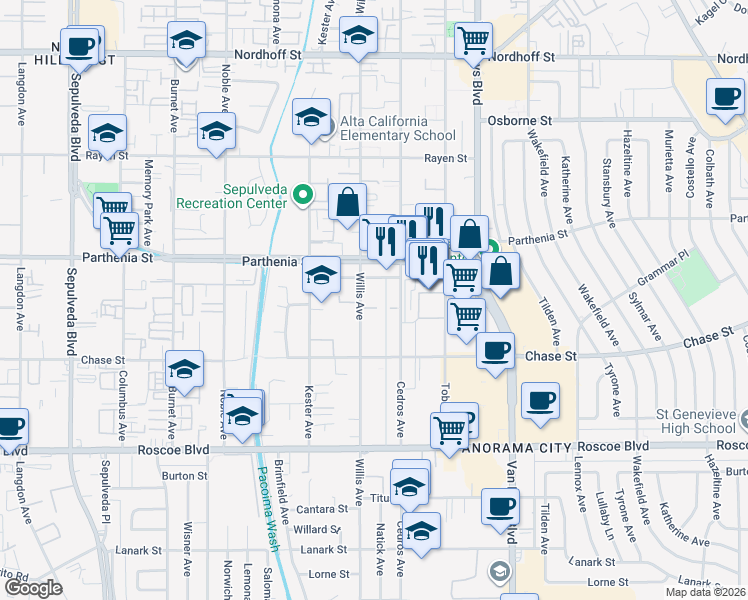 map of restaurants, bars, coffee shops, grocery stores, and more near 8630 Willis Avenue in Los Angeles