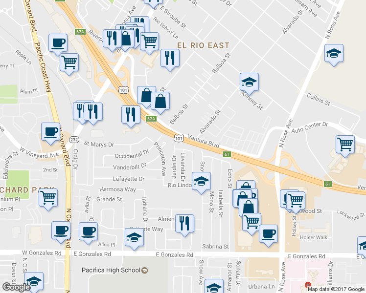 map of restaurants, bars, coffee shops, grocery stores, and more near 1111 Echo Street in Oxnard