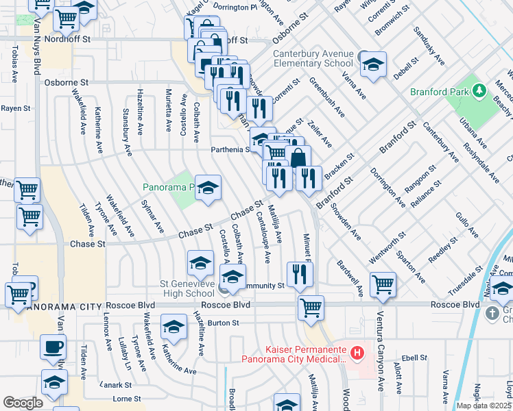 map of restaurants, bars, coffee shops, grocery stores, and more near Chase Street & Cantaloupe Avenue in Los Angeles