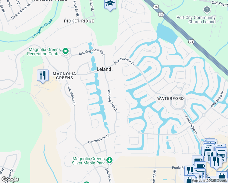 map of restaurants, bars, coffee shops, grocery stores, and more near 1106 Cloverfield Court in Leland