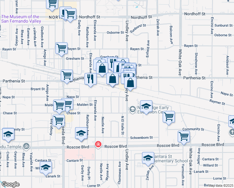 map of restaurants, bars, coffee shops, grocery stores, and more near 18135 Napa Street in Los Angeles