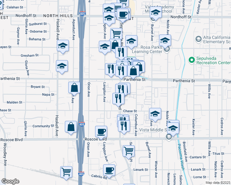map of restaurants, bars, coffee shops, grocery stores, and more near 8609 Sepulveda Boulevard in Los Angeles