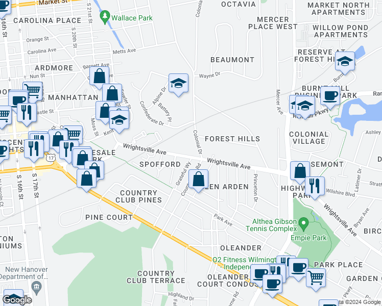 map of restaurants, bars, coffee shops, grocery stores, and more near 2521 Wrightsville Avenue in Wilmington
