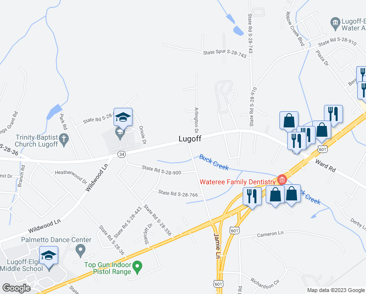 map of restaurants, bars, coffee shops, grocery stores, and more near 7 State Road S-28-318 in Lugoff