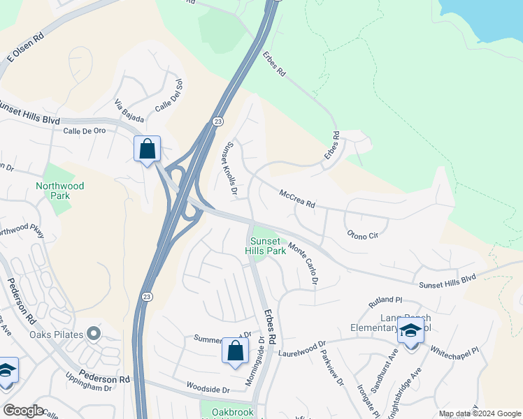 map of restaurants, bars, coffee shops, grocery stores, and more near 3529 North Quarzo Circle in Thousand Oaks