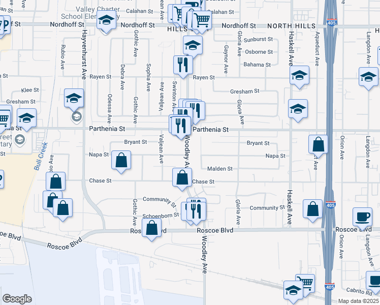 map of restaurants, bars, coffee shops, grocery stores, and more near 8602 Woodley Avenue in Los Angeles