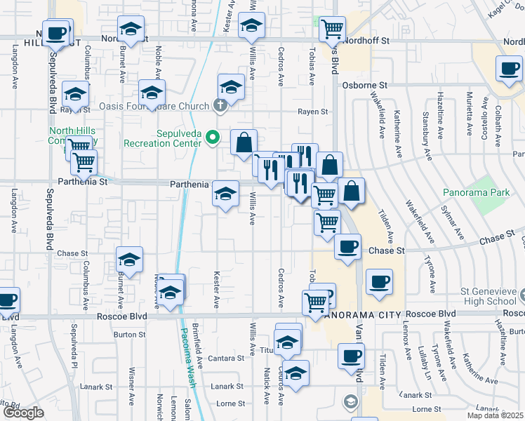 map of restaurants, bars, coffee shops, grocery stores, and more near 8630 Willis Avenue in Los Angeles