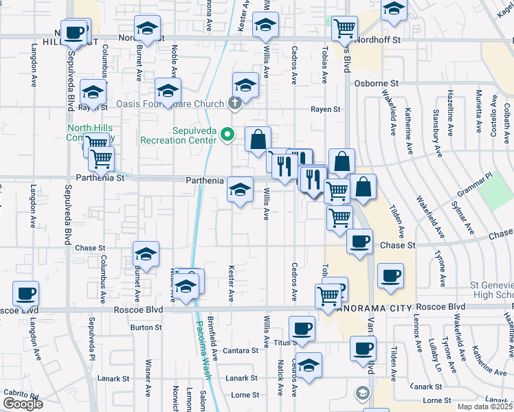 map of restaurants, bars, coffee shops, grocery stores, and more near 8631 Willis Avenue in Los Angeles