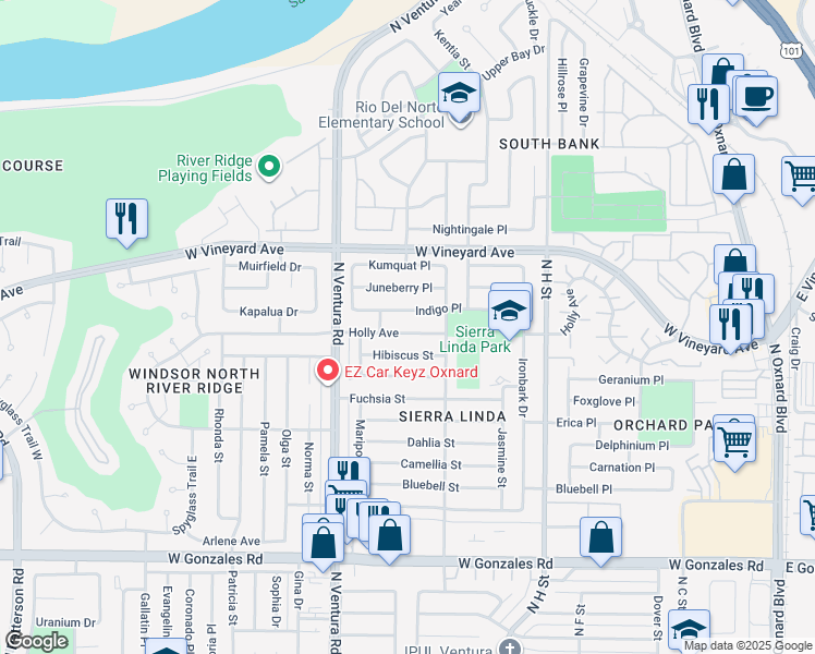 map of restaurants, bars, coffee shops, grocery stores, and more near 1251 Holly Avenue in Oxnard