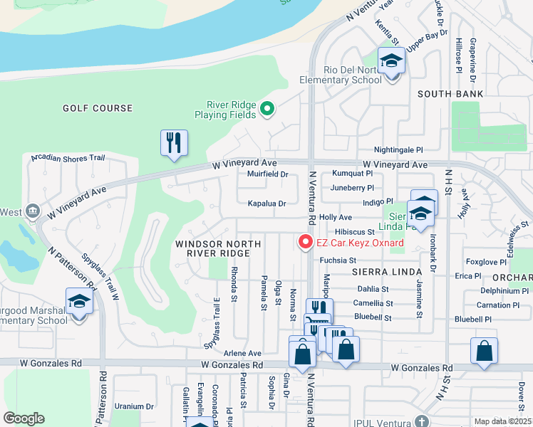 map of restaurants, bars, coffee shops, grocery stores, and more near 1800 Kapalua Drive in Oxnard