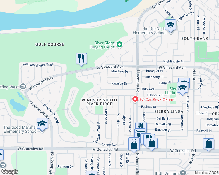 map of restaurants, bars, coffee shops, grocery stores, and more near 1930 Kapalua Drive in Oxnard