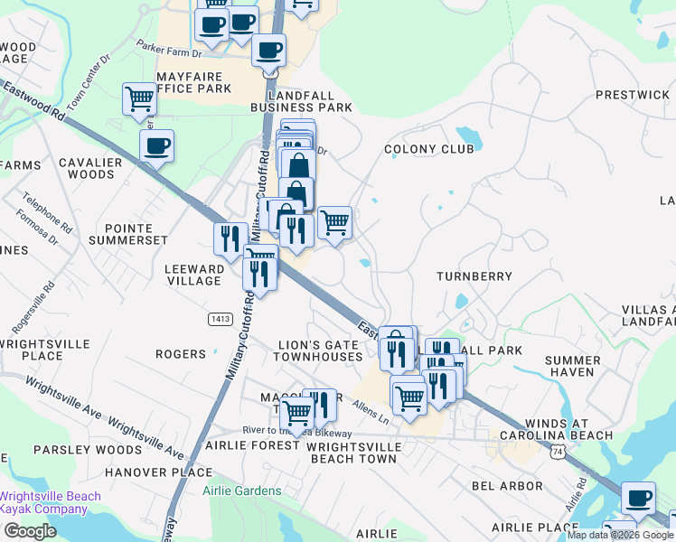 map of restaurants, bars, coffee shops, grocery stores, and more near 1707 Fontenay Place in Wilmington