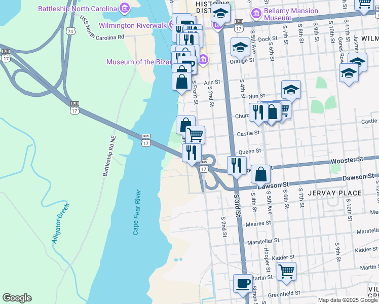 map of restaurants, bars, coffee shops, grocery stores, and more near 613 Surry Street in Wilmington