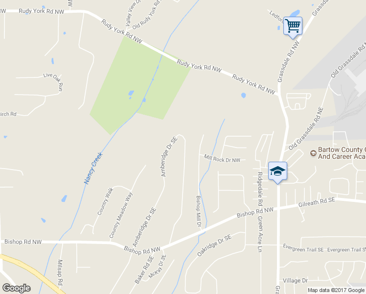 map of restaurants, bars, coffee shops, grocery stores, and more near 94 Amberidge Drive Southeast in Cartersville
