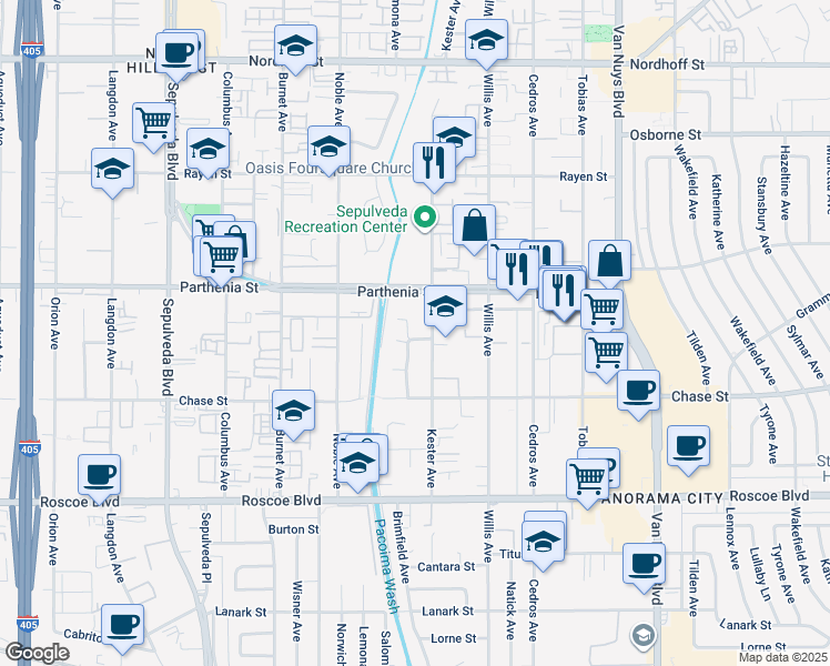 map of restaurants, bars, coffee shops, grocery stores, and more near 8604 Saloma Avenue in Los Angeles