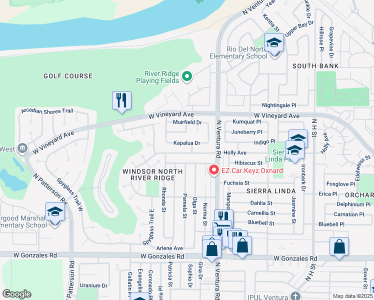 map of restaurants, bars, coffee shops, grocery stores, and more near 1800 Kapalua Drive in Oxnard
