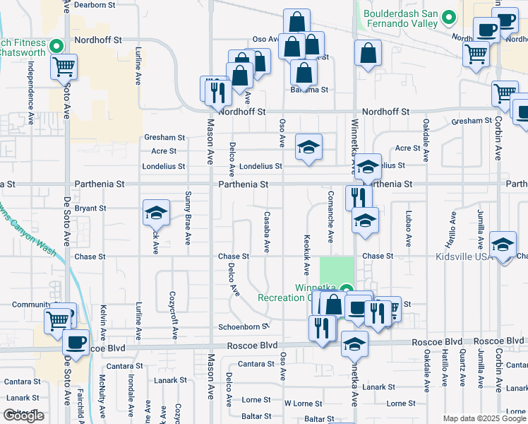 map of restaurants, bars, coffee shops, grocery stores, and more near 20330 Bryant Street in Los Angeles