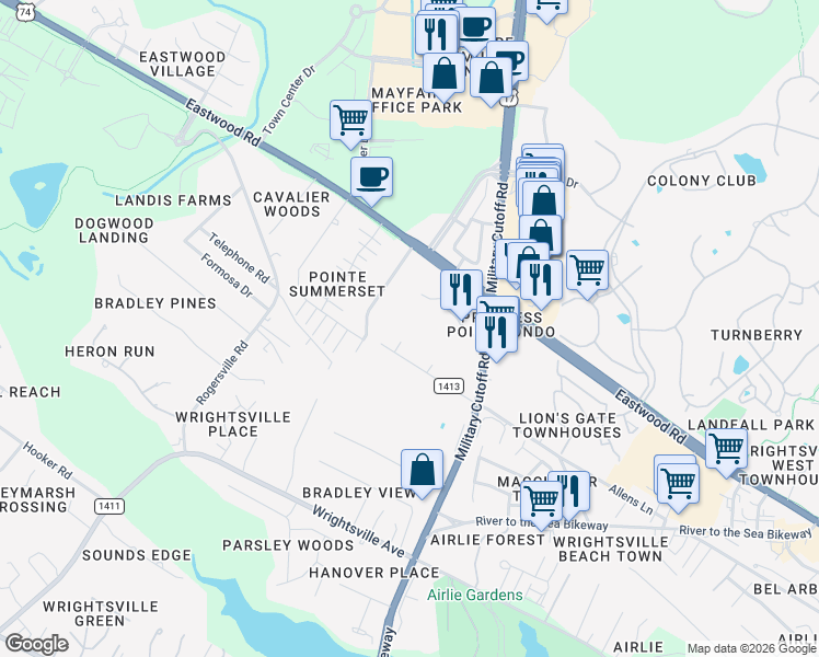 map of restaurants, bars, coffee shops, grocery stores, and more near 1600 Sturdivant Drive in Wilmington