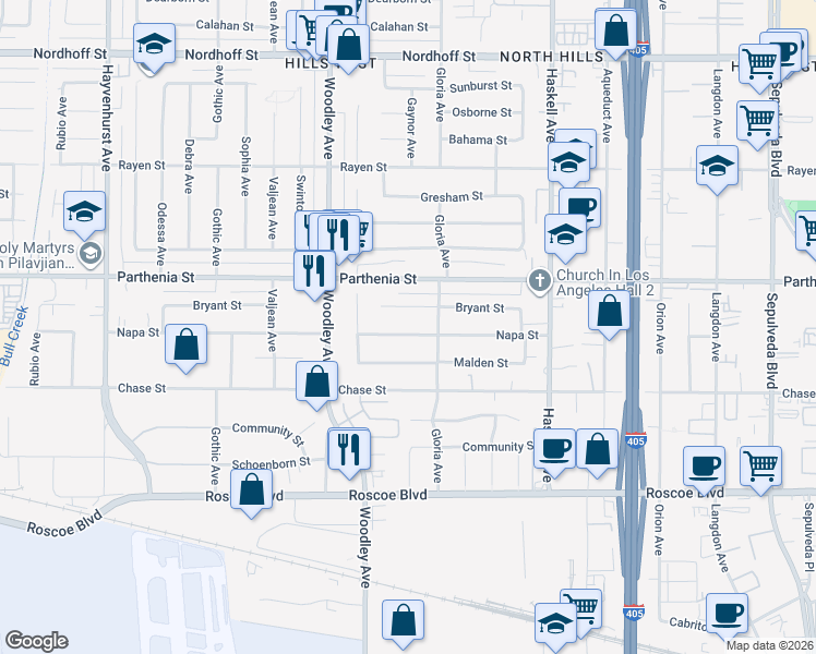 map of restaurants, bars, coffee shops, grocery stores, and more near 16029 Napa Street in Los Angeles