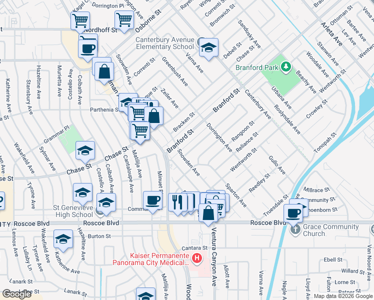 map of restaurants, bars, coffee shops, grocery stores, and more near 13709 Ottoman Street in Los Angeles