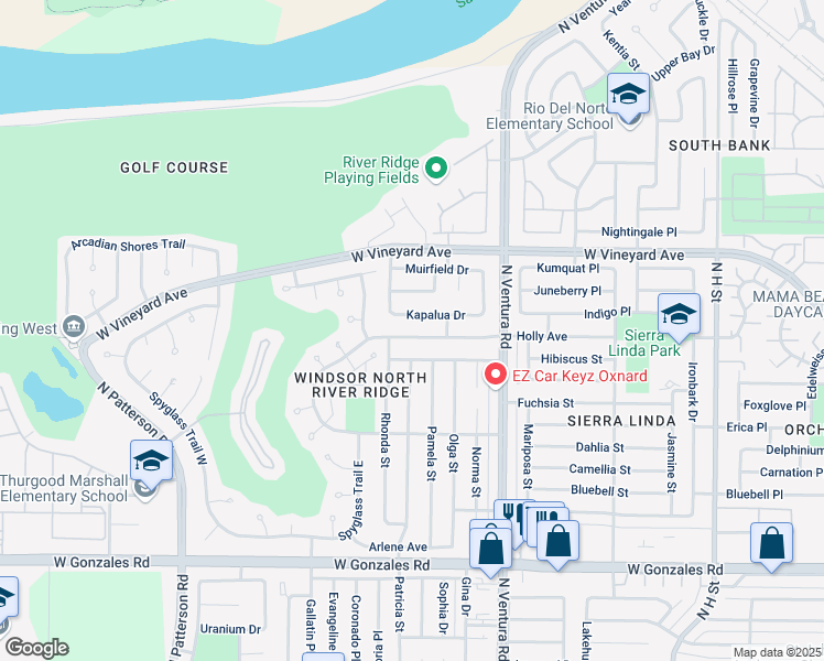 map of restaurants, bars, coffee shops, grocery stores, and more near 1821 Holly Avenue in Oxnard