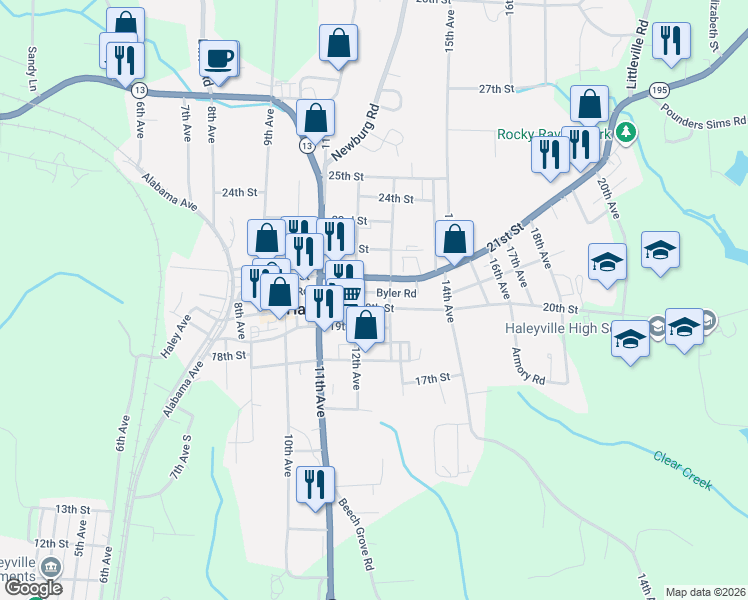 map of restaurants, bars, coffee shops, grocery stores, and more near 12th Street in Haleyville