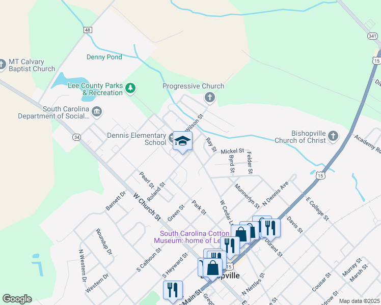 map of restaurants, bars, coffee shops, grocery stores, and more near 321 Roland Street in Bishopville