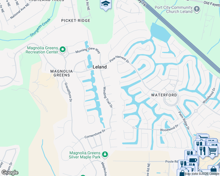 map of restaurants, bars, coffee shops, grocery stores, and more near 1106 Cloverfield Court in Leland