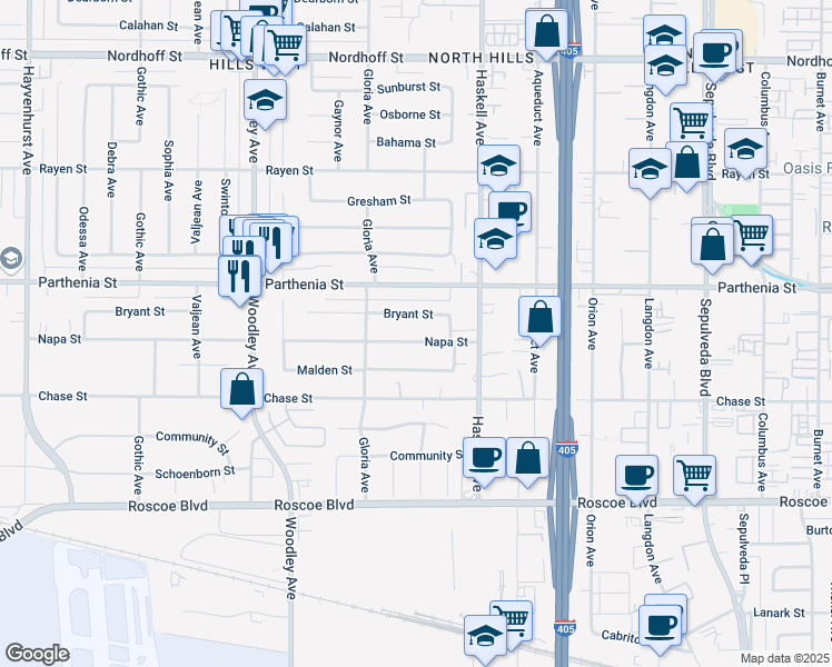 map of restaurants, bars, coffee shops, grocery stores, and more near 15907 Napa Street in Los Angeles