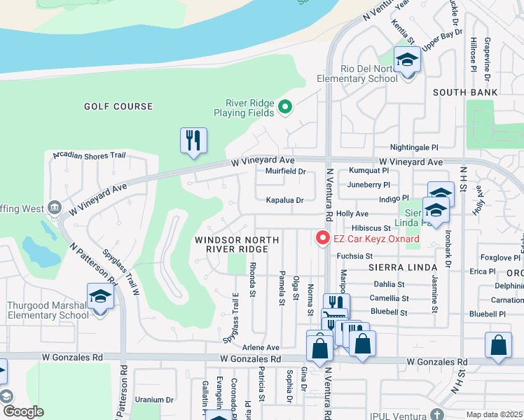 map of restaurants, bars, coffee shops, grocery stores, and more near 1930 Kapalua Drive in Oxnard