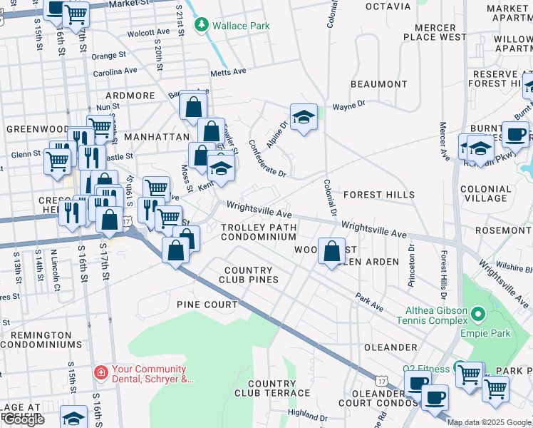 map of restaurants, bars, coffee shops, grocery stores, and more near 2313 Wrightsville Avenue in Wilmington