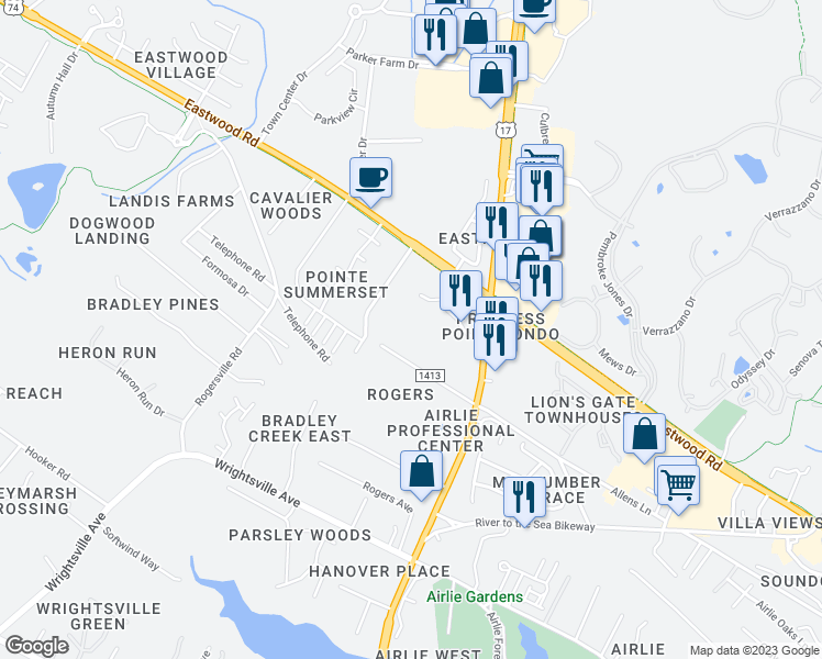 map of restaurants, bars, coffee shops, grocery stores, and more near 30 Sturdivant Drive in Wilmington