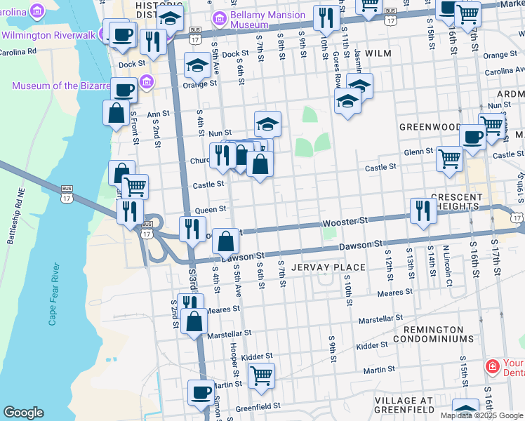 map of restaurants, bars, coffee shops, grocery stores, and more near 606 Queen Street in Wilmington