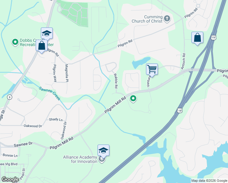 map of restaurants, bars, coffee shops, grocery stores, and more near 1209 Rubble Road in Cumming
