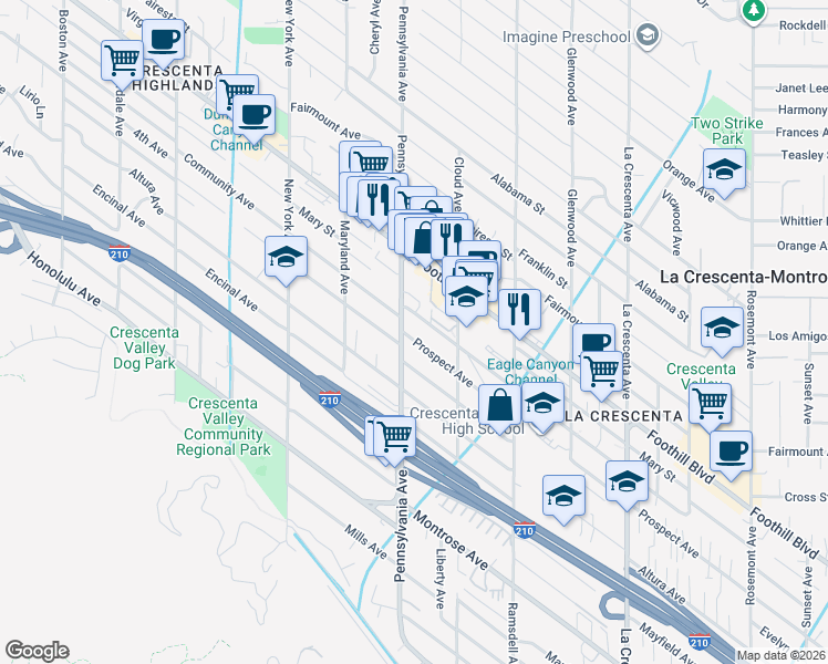 map of restaurants, bars, coffee shops, grocery stores, and more near 3138 Community Avenue in La Crescenta-Montrose