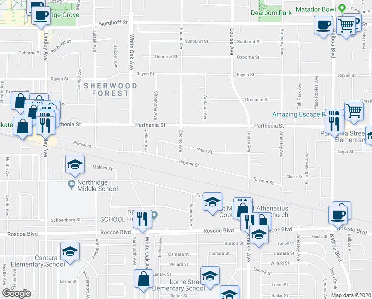 map of restaurants, bars, coffee shops, grocery stores, and more near 17466 Napa Street in Los Angeles