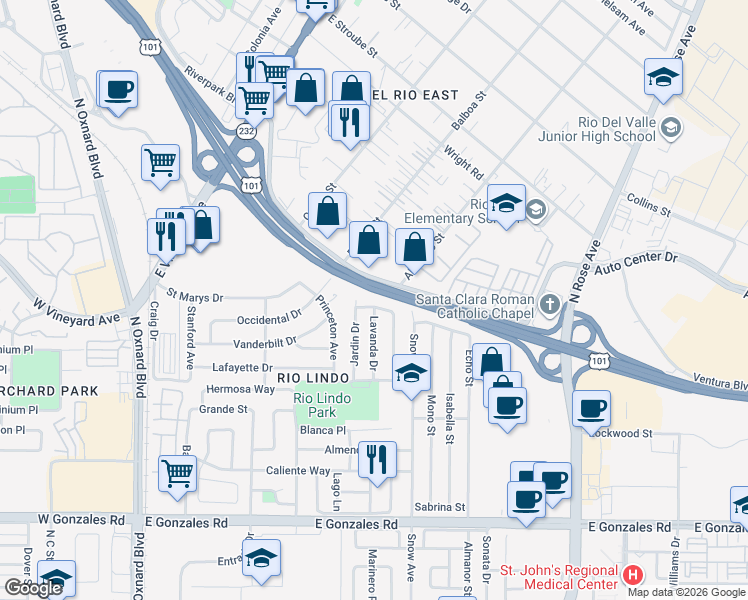 map of restaurants, bars, coffee shops, grocery stores, and more near 1111 Echo Street in Oxnard