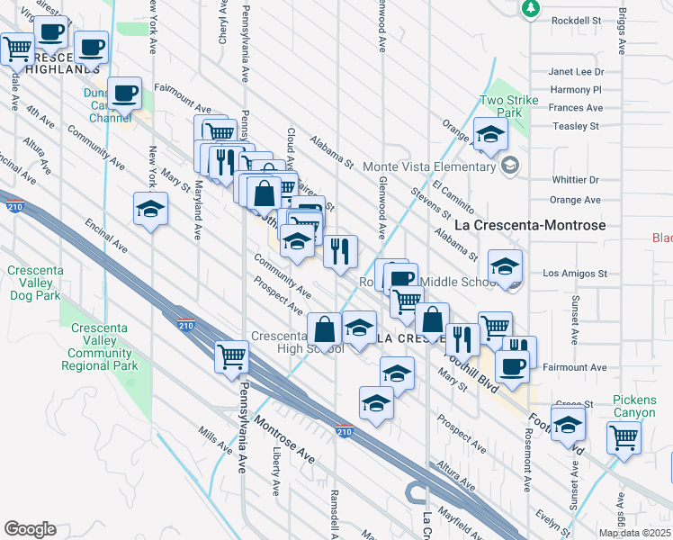 map of restaurants, bars, coffee shops, grocery stores, and more near Foothill Blvd & Ramsdell Ave in La Crescenta