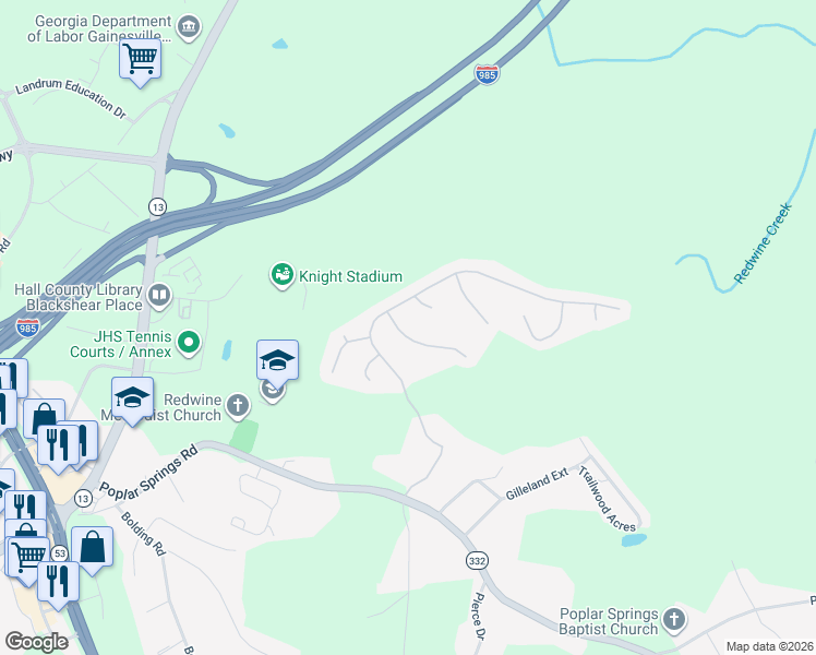 map of restaurants, bars, coffee shops, grocery stores, and more near 3711 Ridge Bluff Place in Gainesville
