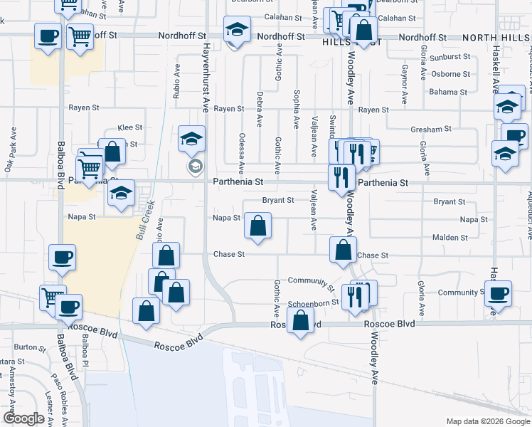 map of restaurants, bars, coffee shops, grocery stores, and more near 16425 Napa Street in Los Angeles