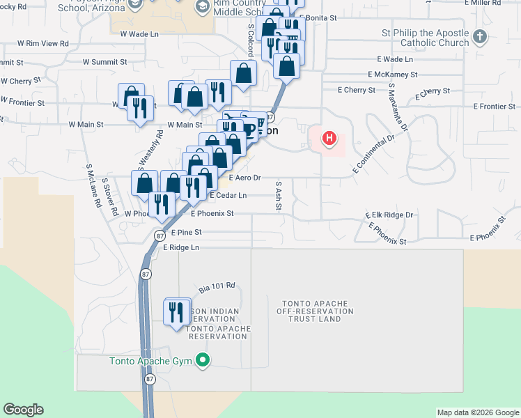 map of restaurants, bars, coffee shops, grocery stores, and more near 218 East Phoenix Street in Payson
