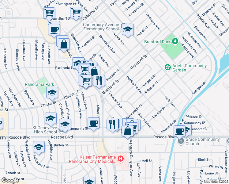 map of restaurants, bars, coffee shops, grocery stores, and more near 13709 Ottoman Street in Los Angeles