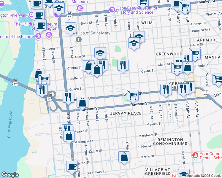 map of restaurants, bars, coffee shops, grocery stores, and more near 708 South 8th Street in Wilmington