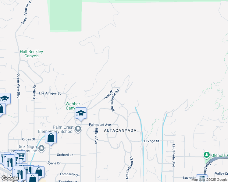 map of restaurants, bars, coffee shops, grocery stores, and more near 5414 Palm Drive in La Cañada Flintridge