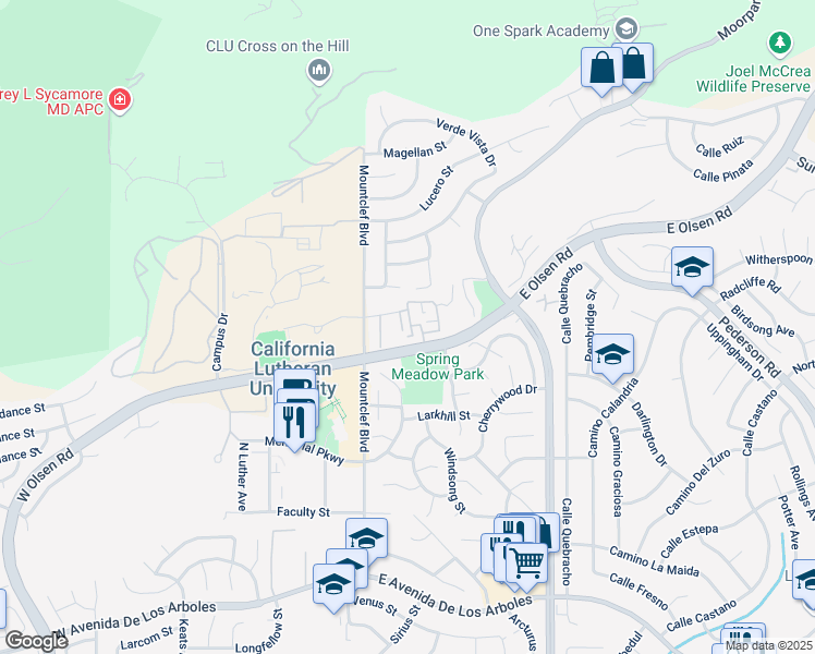 map of restaurants, bars, coffee shops, grocery stores, and more near 61 McAfee Court in Thousand Oaks