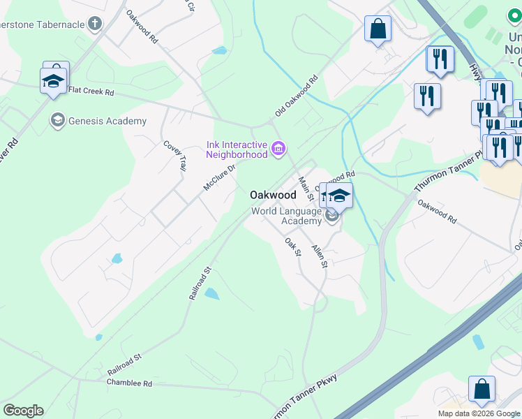 map of restaurants, bars, coffee shops, grocery stores, and more near in Oakwood