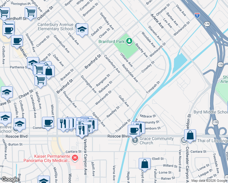 map of restaurants, bars, coffee shops, grocery stores, and more near 13402 Wentworth Street in Los Angeles