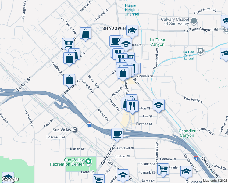 map of restaurants, bars, coffee shops, grocery stores, and more near 10887 Olinda Street in Los Angeles