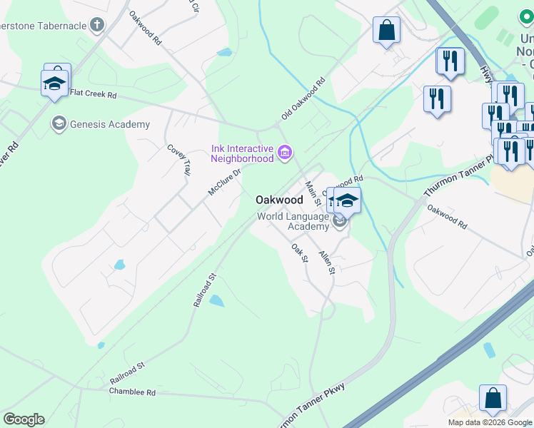 map of restaurants, bars, coffee shops, grocery stores, and more near 4217 Railroad Street in Oakwood
